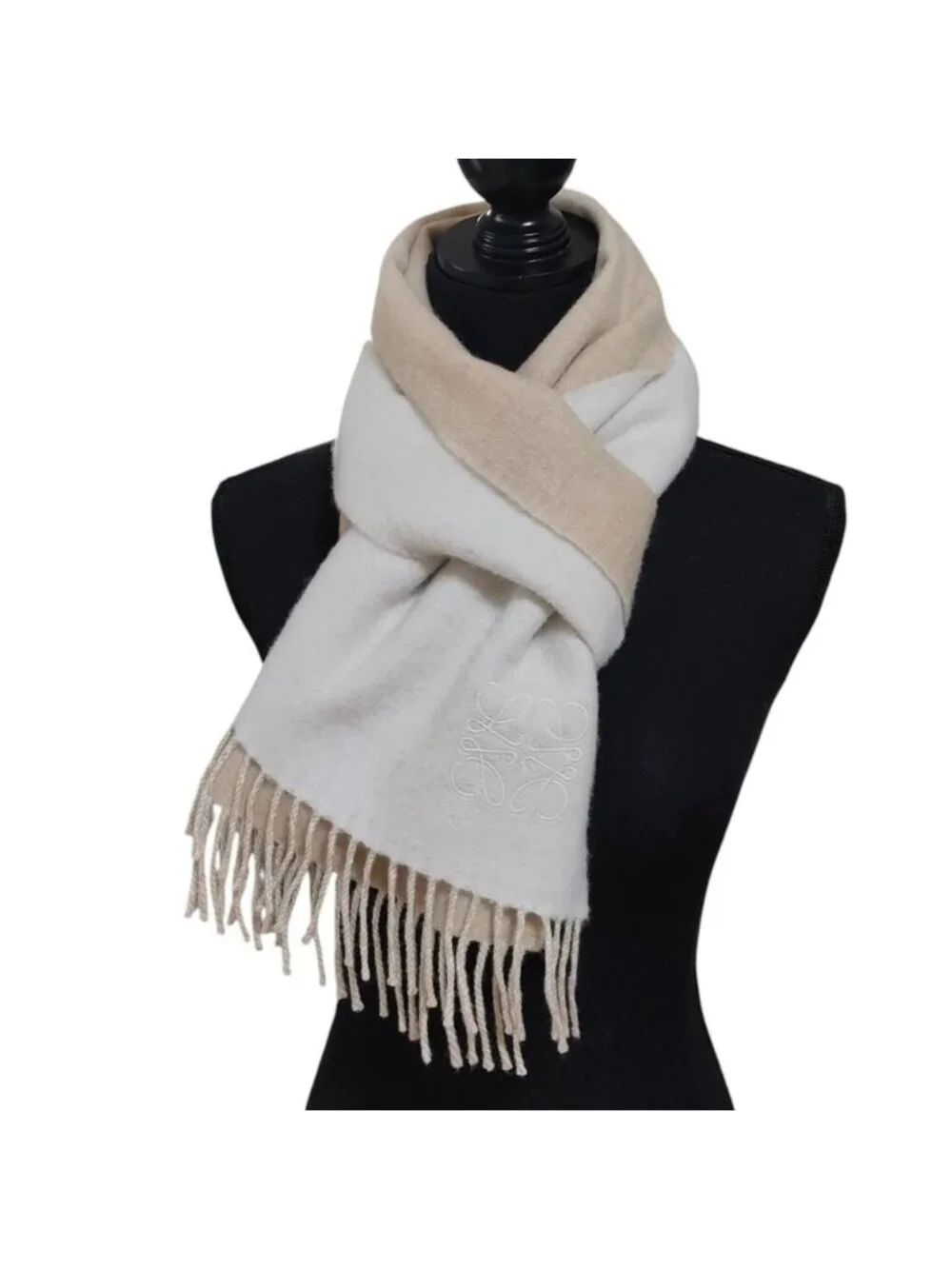 Loewe Anagram Embroidery Wool Cashmere Reversible Fringe Scarf Beige Ivory